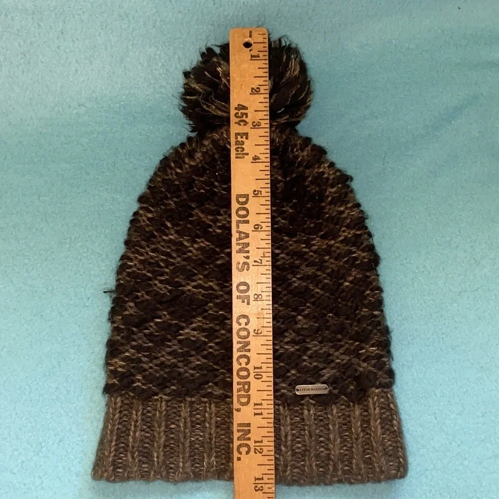 STEVE MADDEN chunky knit pom pom hat beanie dark light browns tan NEW SZ OSFA